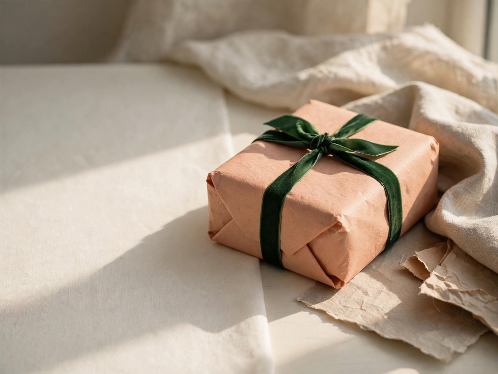Peach parcel tied with forest ribbon