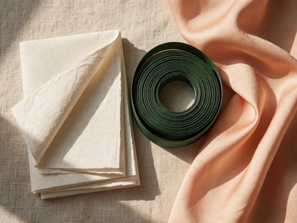 Ivory paper with peach and dark green ribbon