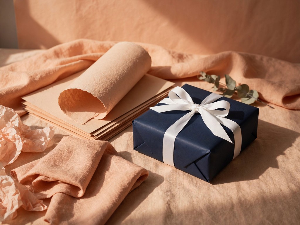 Navy wrapped parcel on warm peach paper