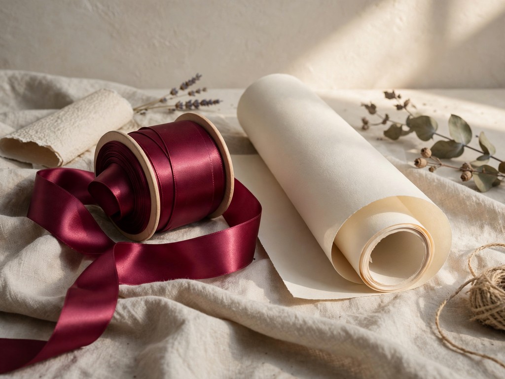 Berry satin ribbon and ivory paper