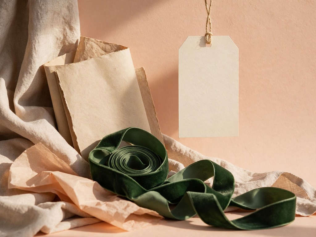 Blank gift tag suspended above green ribbon